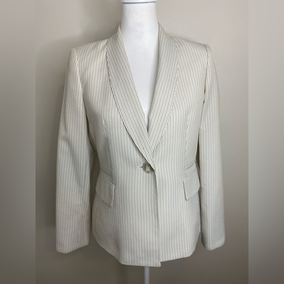 Kasper gray White Pinstripe Elegant Cream Women's Single Button Fitted Blazer 6P - Picture 1 of 10